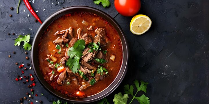 Authentic Mexican birria stew with shredded beef in a savory, spicy broth. Concept Mexican Cuisine, Birria Stew, Shredded Beef, Spicy Broth, Authentic Flavors