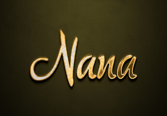 Old gold text effect of Japanese name Nana with 3D glossy style Mockup.