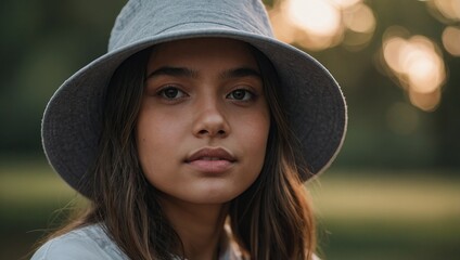 Plain grey bucket hat mockup for design. a girl wearing a plain bucket hat