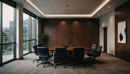 Fototapeta premium Modern office conference room interior with table and chairs, door and window