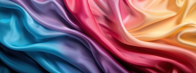 A colorful piece of fabric with a rainbow pattern. The colors are bright and vibrant, creating a cheerful and lively mood. The fabric is likely to be used for clothing, home decor