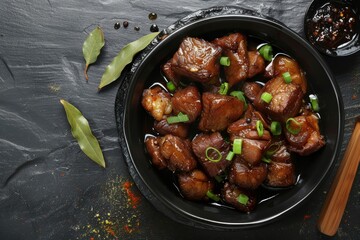 Top view of Pork Adobo in black bowl on dark slate background Traditional Filipino dish made with braised pork belly soy sauce vinegar and spices