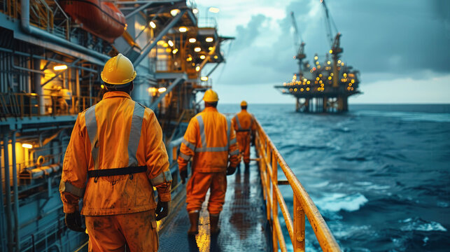 Offshore oil rig workers in protective gear walking on the platform, highlighting the challenging conditions and industrial operations at sea.