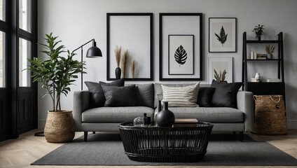 Modern scandinavian living room interior with black mock up poster frame, design commode, leaf in vase, black rattan basket, books and elegant accessories