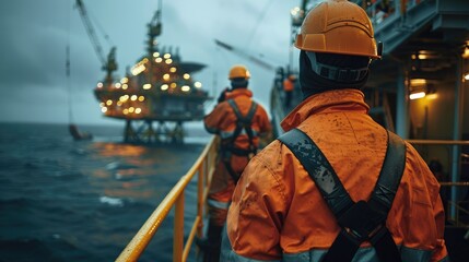 Offshore oil rig workers in protective gear on the platform during a rainy night, highlighting the harsh working conditions and industrial operations.