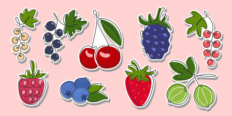 Various Summer Berries sticker set. Hand drawn Doodle abstract icon Blueberry, Strawberry, raspberry, gooseberry, Currant, cherry, blackberry isolated. Fruit food elements for design