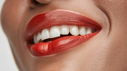 Naklejka premium A woman with a pink lip is smiling. The woman's smile is bright and happy