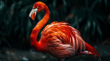 A stunning flamingo stands out against a dark backdrop, its vibrant colors contrasting against the deep black.