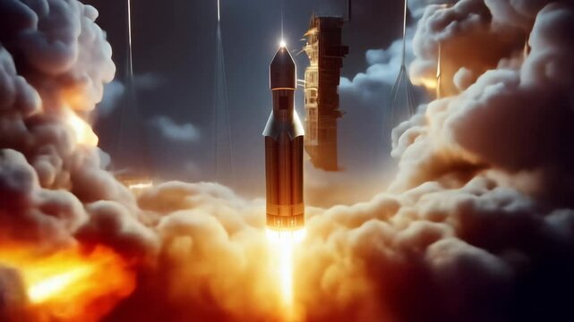 Vibrant rocket launch at night with smoke and bright flames, symbolizing innovation, space exploration, and scientific advancement.