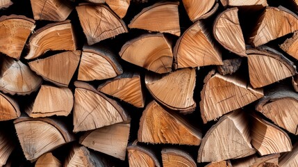 Hyper-realistic close-up of stacked firewood, emphasizing unique textures and wood grain patterns, photographed in dramatic lighting