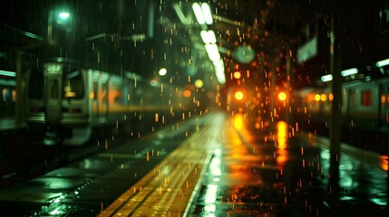 A gloomy train station platform with rain cascading down and the dim lights of an approaching train