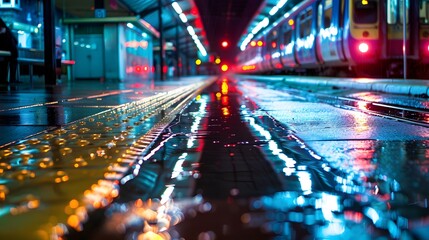 A rain-drenched train station platform with puddles reflecting the lights of an oncoming train