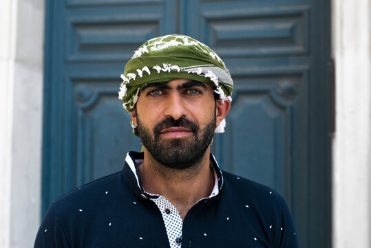 Portrait of Palestinian man with his classic "hata" headscarf
