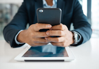 Business man, hands and smartphone in office for communication, networking and social media with tablet. Realtor, closeup and mobile in workplace for website and check property as real estate agent