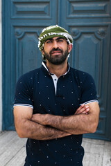 Portrait of Palestinian man with his classic "hata" headscarf