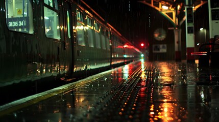 Fototapeta premium A reflective train station platform under heavy rain with the faint silhouette of a train in the distance