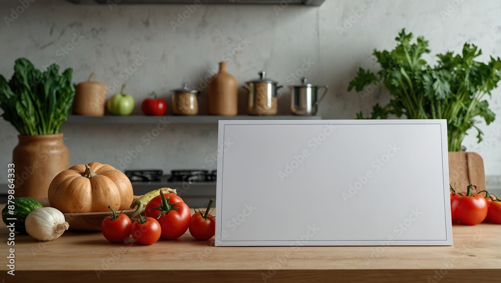 Poster rectangular blank white empty paper board with vegetables mockup on the kitchen table for text adver