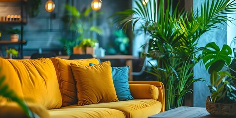 Modern Urban Apartment Decorated with Monstera and Palm Trees. Concept Urban Decor, Monstera Plants, Palm Trees, Modern Apartment, Interior Design