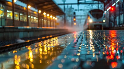 A wet train station platform with glistening surfaces and the approaching train's headlights breaking through the rain