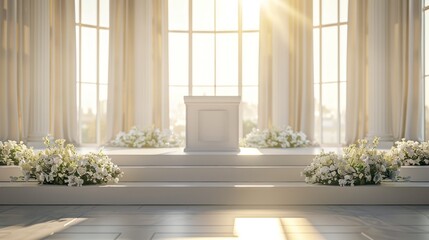 Fototapeta premium Sunlit Wedding Ceremony Stage with Floral Decor.