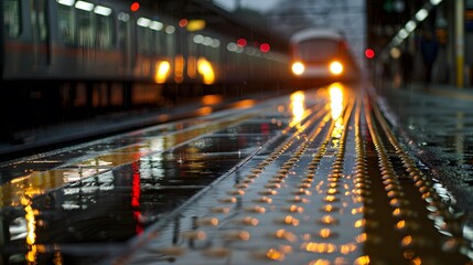 Obraz premium A rain-soaked train station platform with reflections of an approaching train's headlights