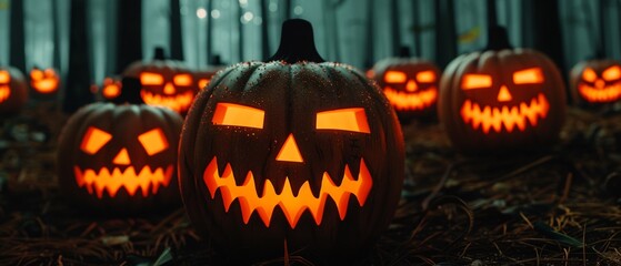 Immersive series of glowing pumpkins in a dark forest, each with unique carvings and eerie expressions, moonlight casting spooky shadows
