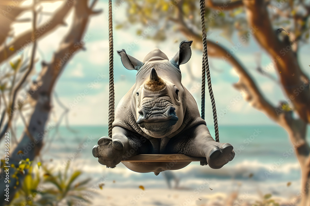 Wall mural rhino having fun on a swing. 