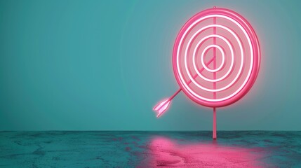 A futuristic neon target symbol glowing brightly against a dark, minimalist backdrop, symbolizing precision and accuracy. The image provides ample copy space for adding text or graphics related to