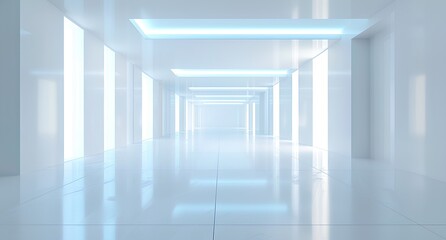 Fototapeta premium 3d render of futuristic light blue and white corridor with doors on sides, glowing lights in the background, white floor, minimalistic, high resolution