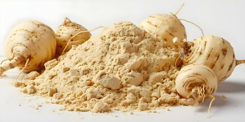 Fototapeta premium Isolated White Peruvian Maca Powder A Nutritional Powerhouse Similar to Ginseng Root. Concept Yes, Peruvian Maca powder is often praised for its nutritional benefits