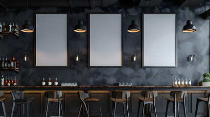 mockup vertical 3 frame empty poster in the bar simple wall close up view