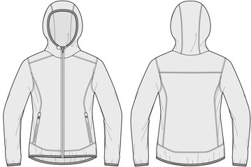 Hooded softshell jacket technical CAD fashion illustration front and back views	