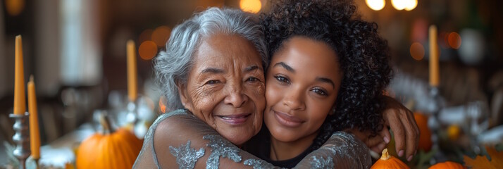 Elderly multiracial woman and young African American woman hugging each other warmly, both smiling. Concept of family love, warmth, and intergenerational bonding
