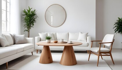 Modern wooden round table in modern bright white living room