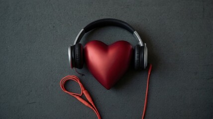 Red heart shaped wired headphones, perfect for music lovers.
