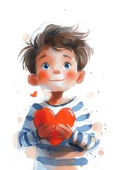 Fototapeta premium Watercolor drawing of a boy with blue eyes, brown hair and rosy cheeks holding a red heart on a white background. Valentine's Day.
