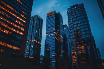 Night view of skyscrapers in the financial district.