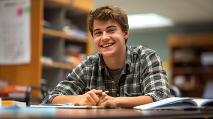 Obraz premium Happy student immersed in studying at the library, surrounded by books and learning materials, personifying academic achievement with a bright smile