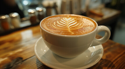 a cup of cappuccino on the table at cafe in the morning 