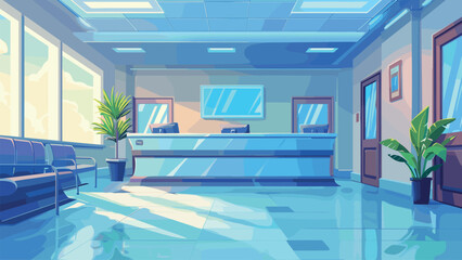 Fototapeta premium Interior of a Hospital Reception Cartoon Game Background Medical Healthcare Facility Clinic Waiting Area Reception Desk Patients Health Services Illustration