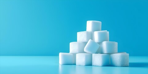 Naklejka premium Low Poly Style Stacked White Sugar Cubes on Blue Background. Concept Food Photography, Low Poly Art, Still Life, Minimalist Design, Blue and White Aesthetics