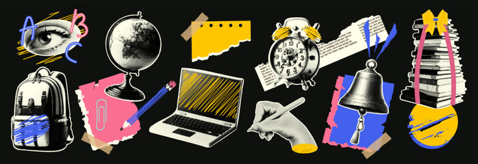 Set of school elements retro halftone collage elements for media design. Backpack, globe, laptop, bell, books, alarm clock, hand, pen, pencil. Vector collage on the theme of school, study, university.