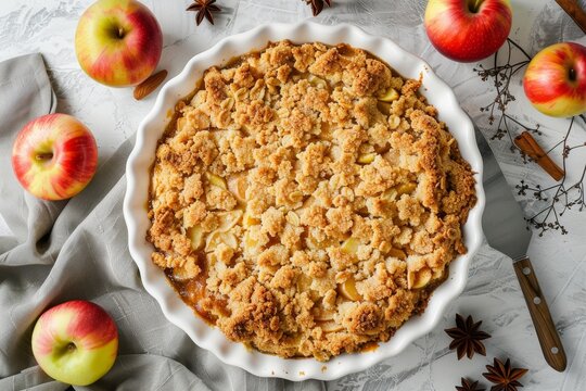 White baking dish with apple crumble pie viewed from top