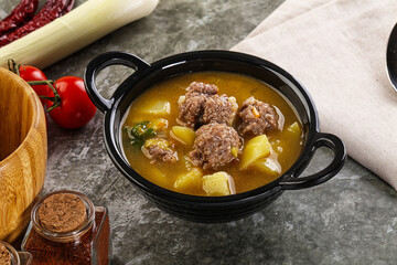 Soup with beef meatball and vegetables