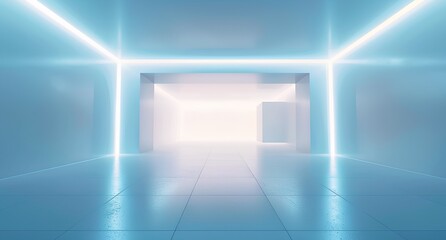 Obraz premium A futuristic, minimalist white room with glowing blue LED lights on the walls and ceiling, creating an atmosphere of advanced technology and minimalism