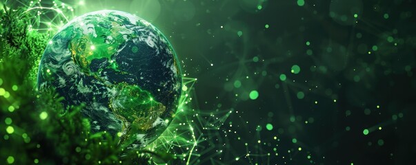 Obraz premium Futuristic Interactive Hologram Globe Showing Net Zero Pathways with Modern Green Accents on Dark Background