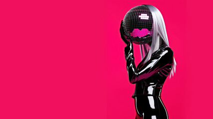 Futuristic Woman Holding Disco Ball Head in Shiny Black Outfit with Hot Pink Background