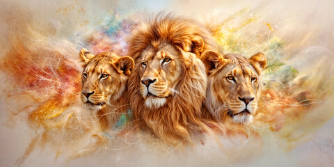 Majestic Trio of Lions in Ethereal Display of Artistry and Nature. World Lion day, banner