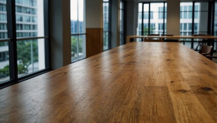 Fototapeta premium The close up picture of the empty table that has been made from the wood material and placed inside the bright office, an office is designated space within a building where work is performed
