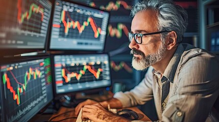 A male trader at work on a computer with a multi-monitor workstation with various charts and digital data. Operational data analysis. Design for banner, flyer, poster, cover or brochure.
